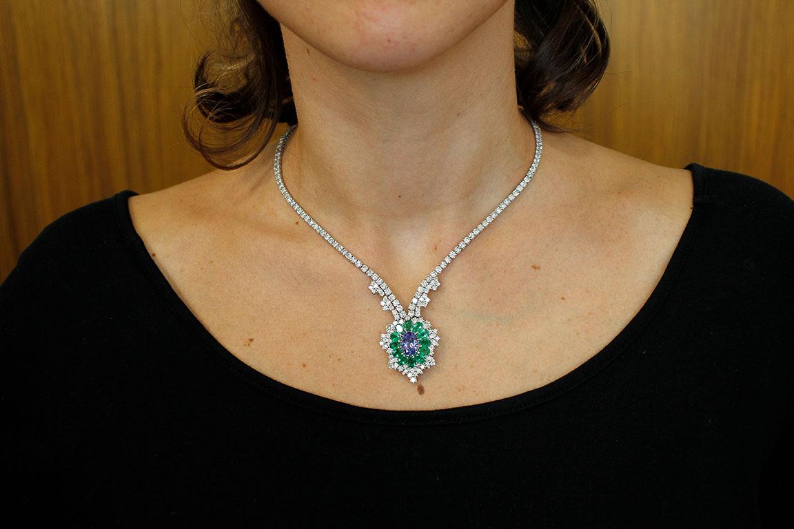 Brilliant Cut Diamonds, Emeralds, Tanzanite, 14 Karat White Gold Pendant Necklace