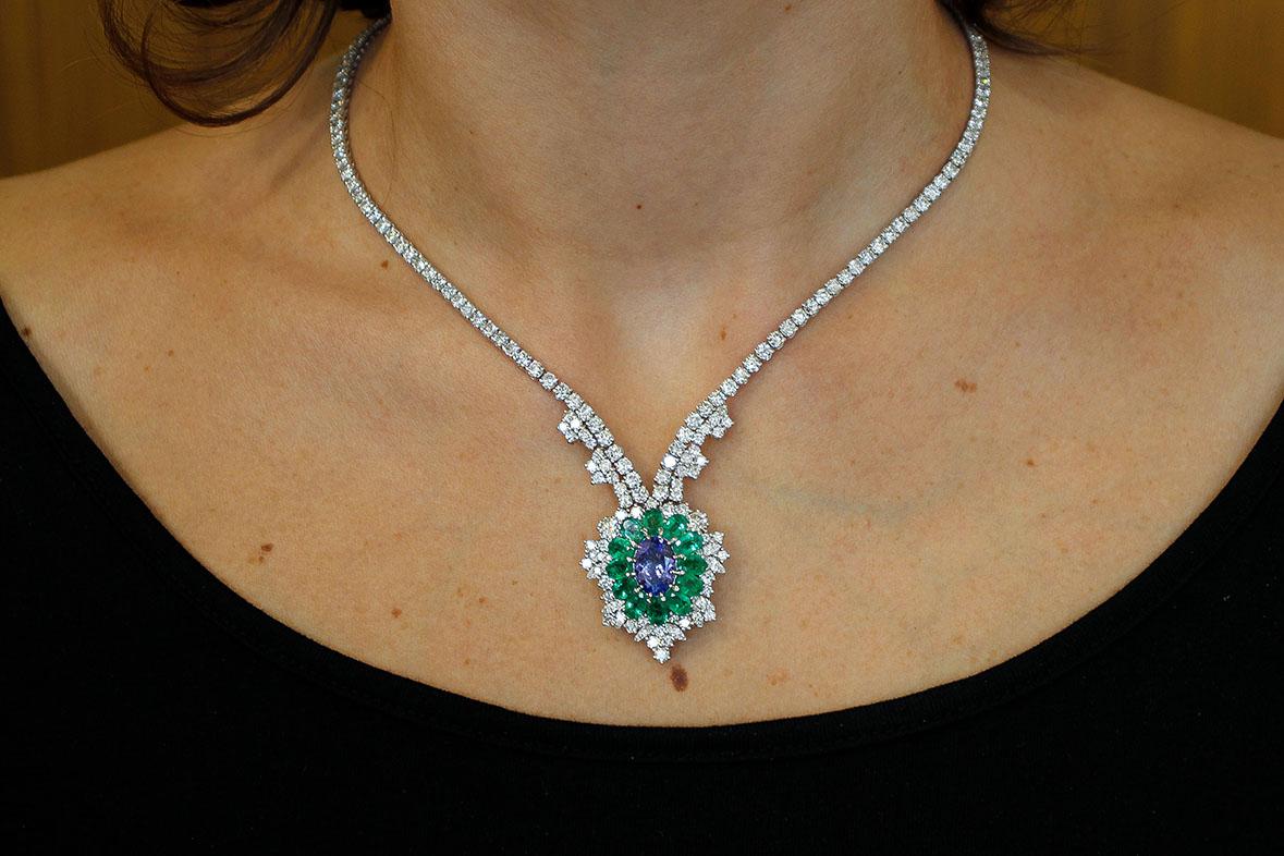 Women's Diamonds, Emeralds, Tanzanite, 14 Karat White Gold Pendant Necklace