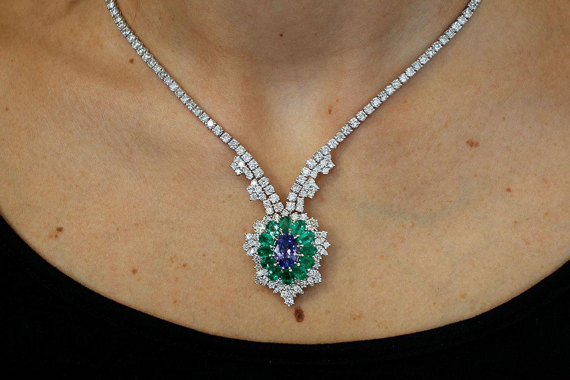 Diamonds, Emeralds, Tanzanite, 14 Karat White Gold Pendant Necklace 1
