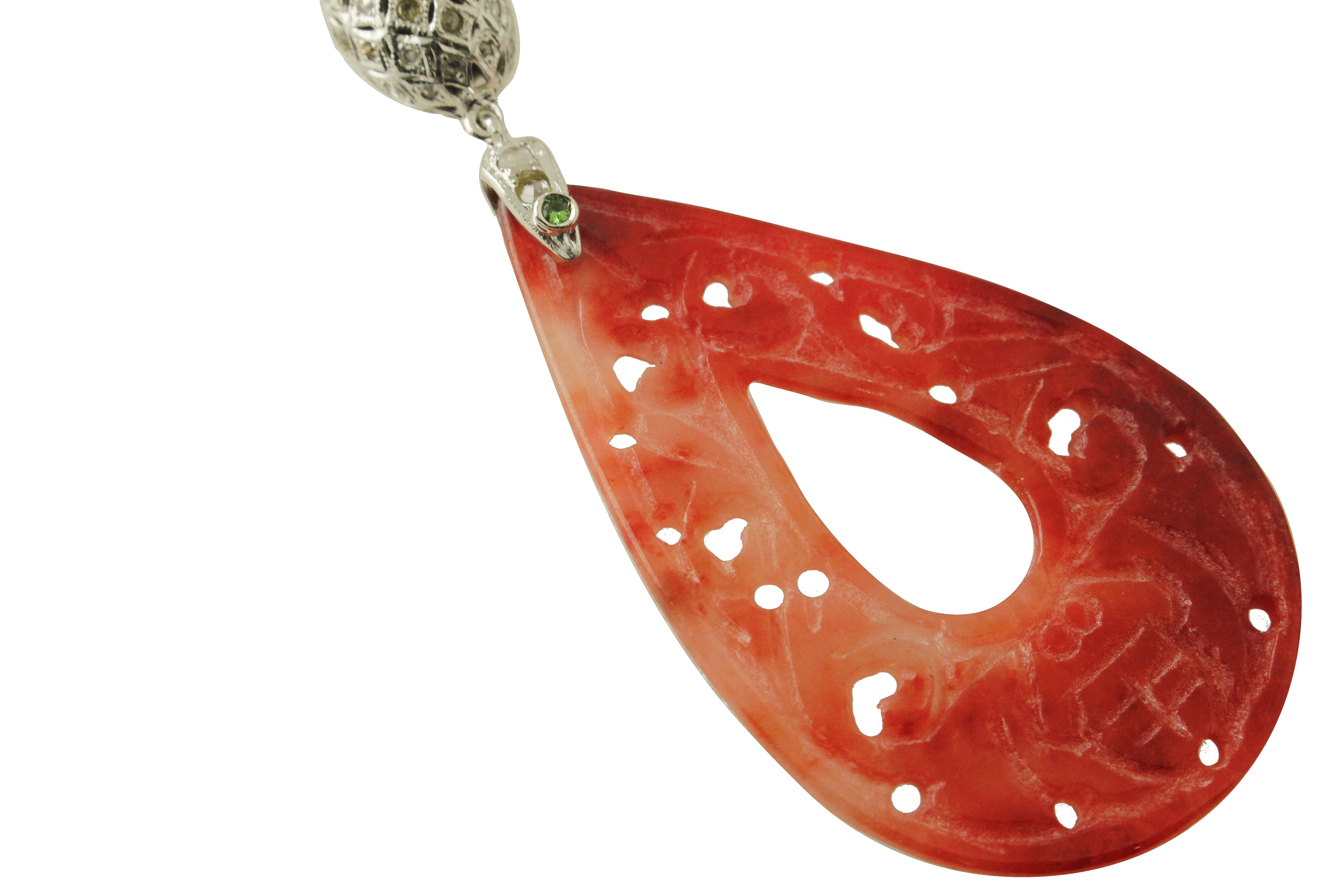 Retro Diamonds Emeralds Tsavorites Red Chalcedony Onyx Pearls White Gold Earrings For Sale