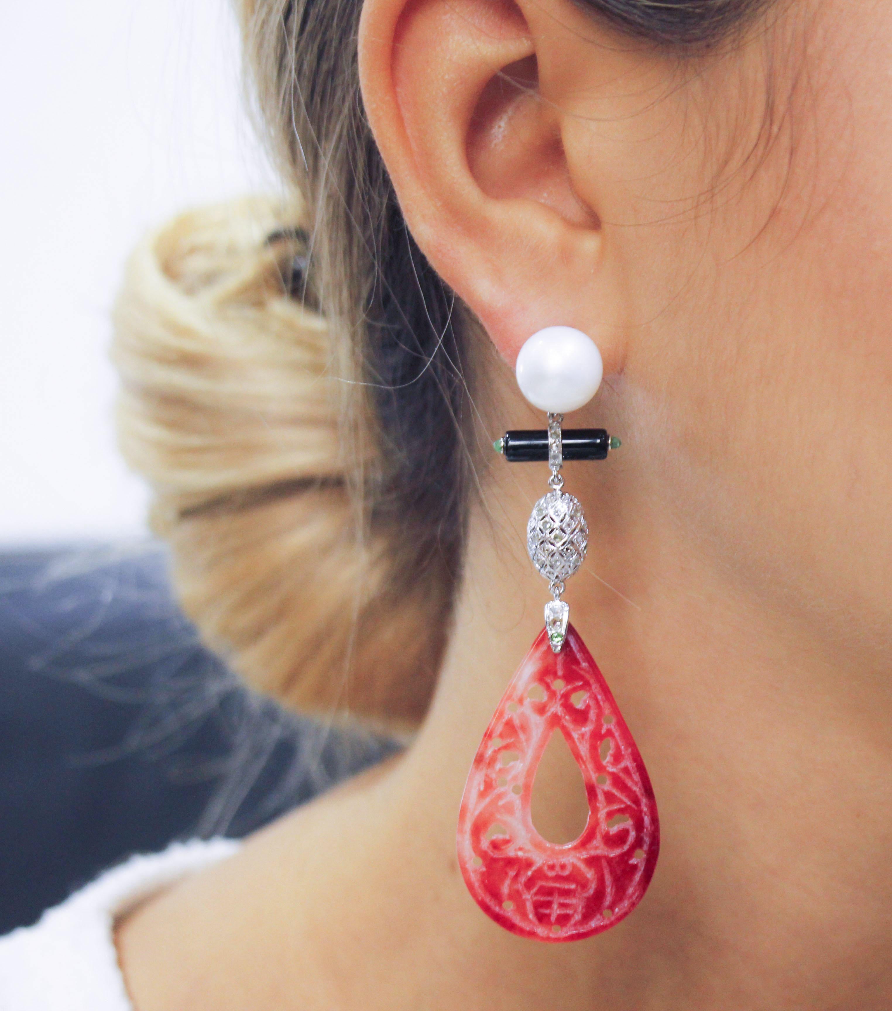 Diamonds Emeralds Tsavorites Red Chalcedony Onyx Pearls White Gold Earrings For Sale 1