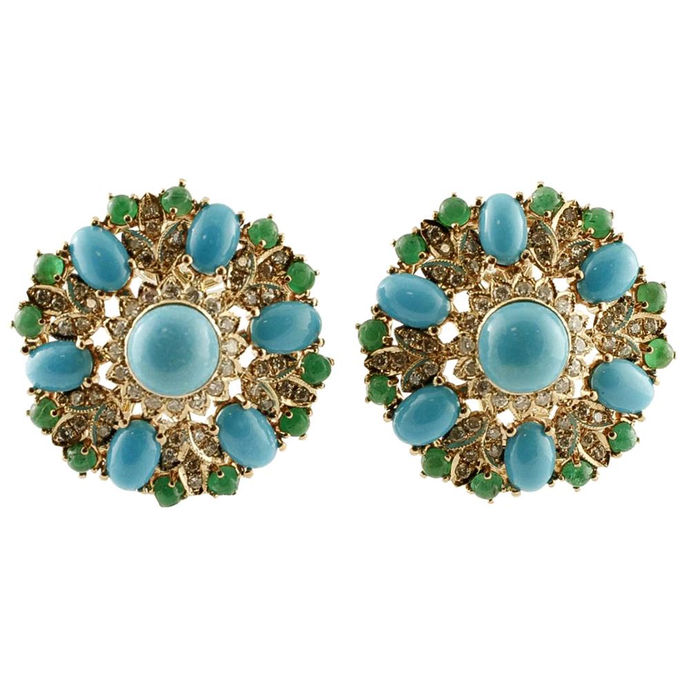 Diamonds, Emeralds, Turquoise, 14 Karat Rose Gold Clip-On Vintage/Retrò Earrings
