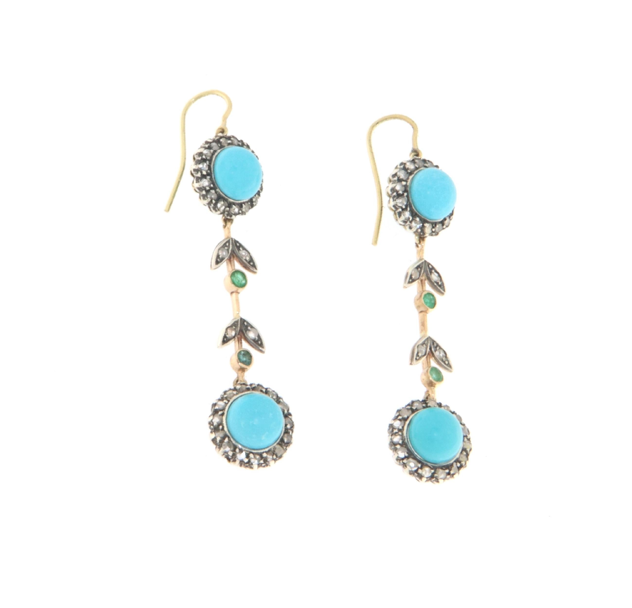 Artisan Diamonds Emeralds Turquoise 14 Karat Yellow Gold Drop Earrings For Sale