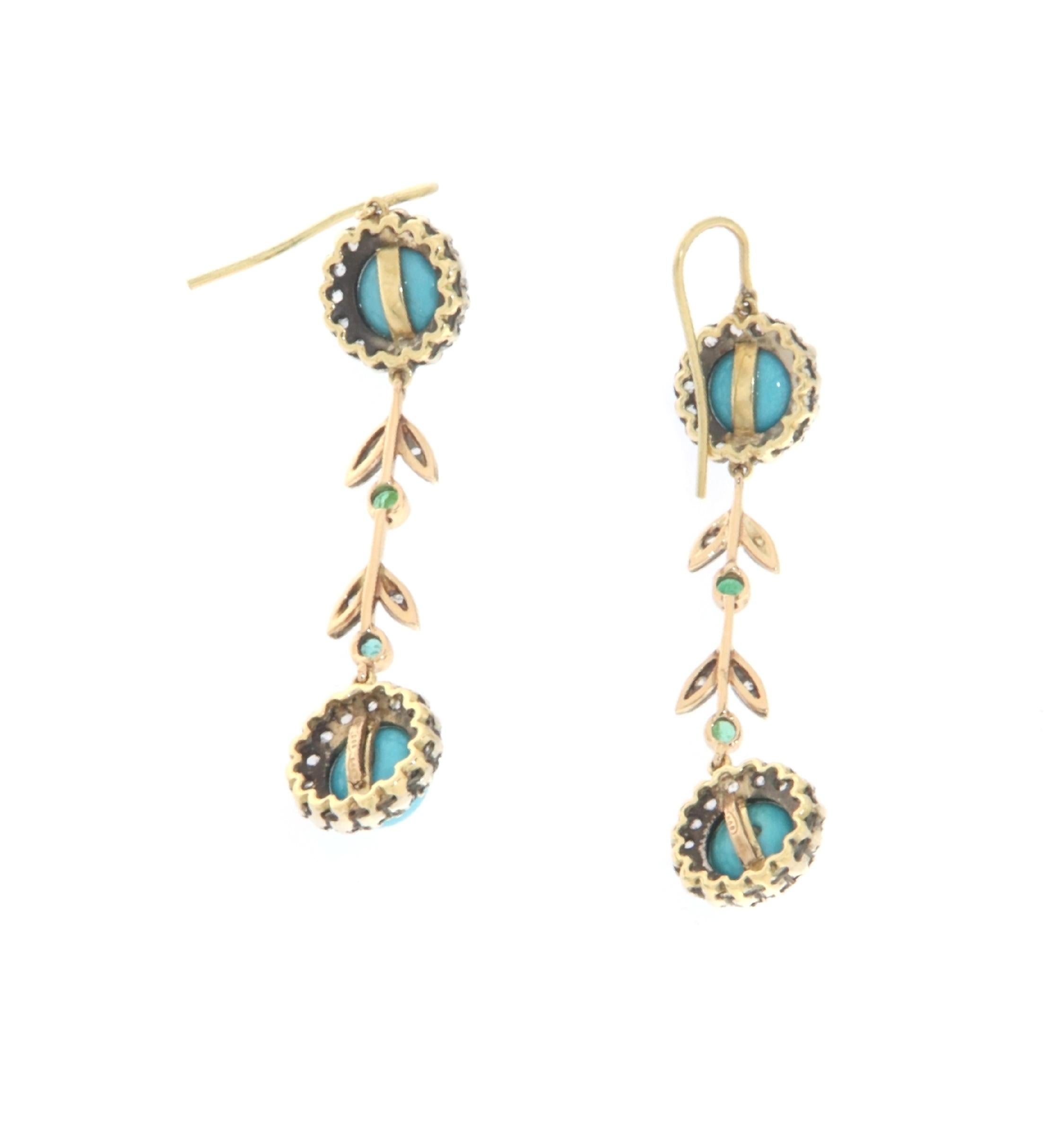 Old European Cut Diamonds Emeralds Turquoise 14 Karat Yellow Gold Drop Earrings For Sale