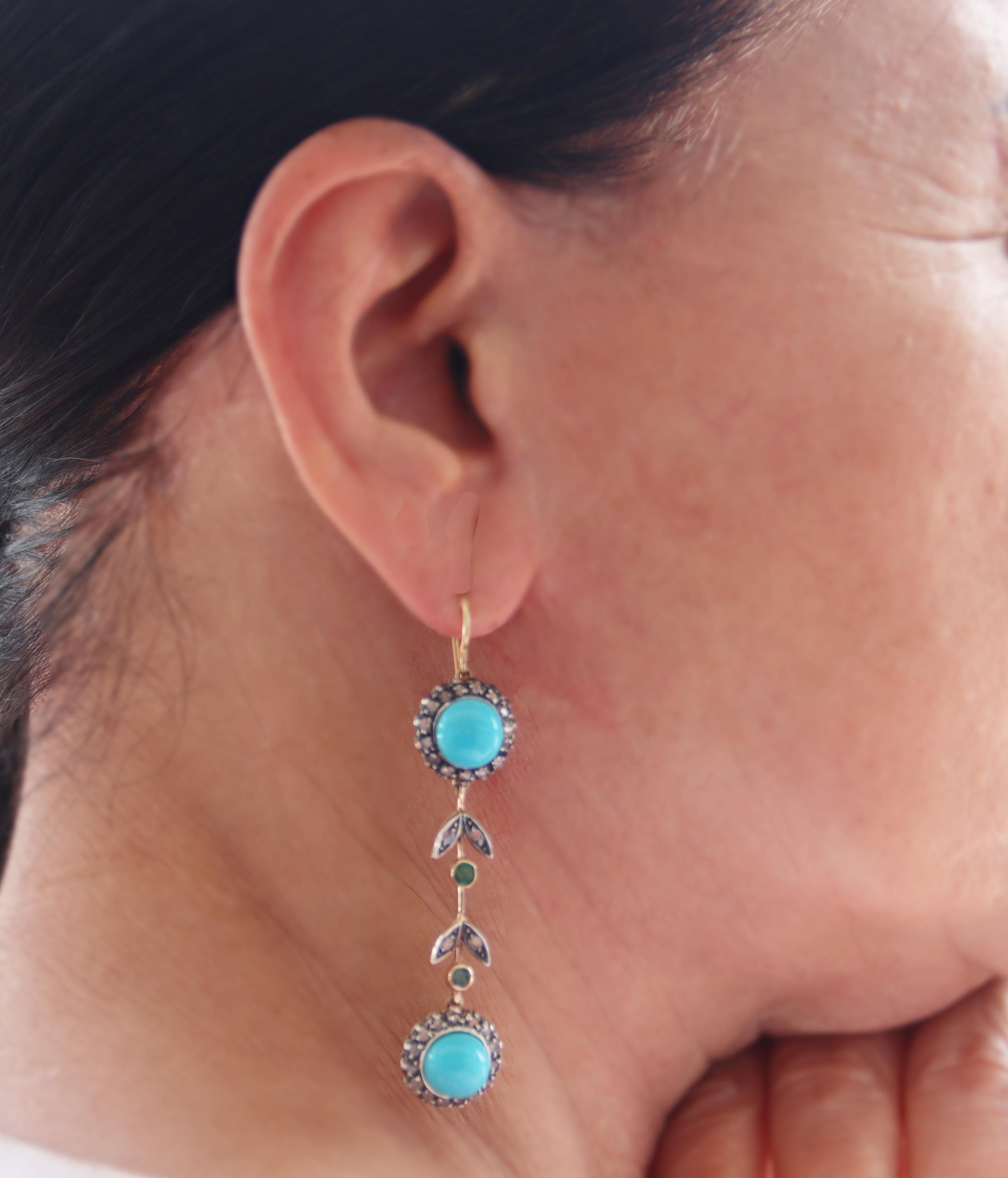 Diamonds Emeralds Turquoise 14 Karat Yellow Gold Drop Earrings For Sale 1