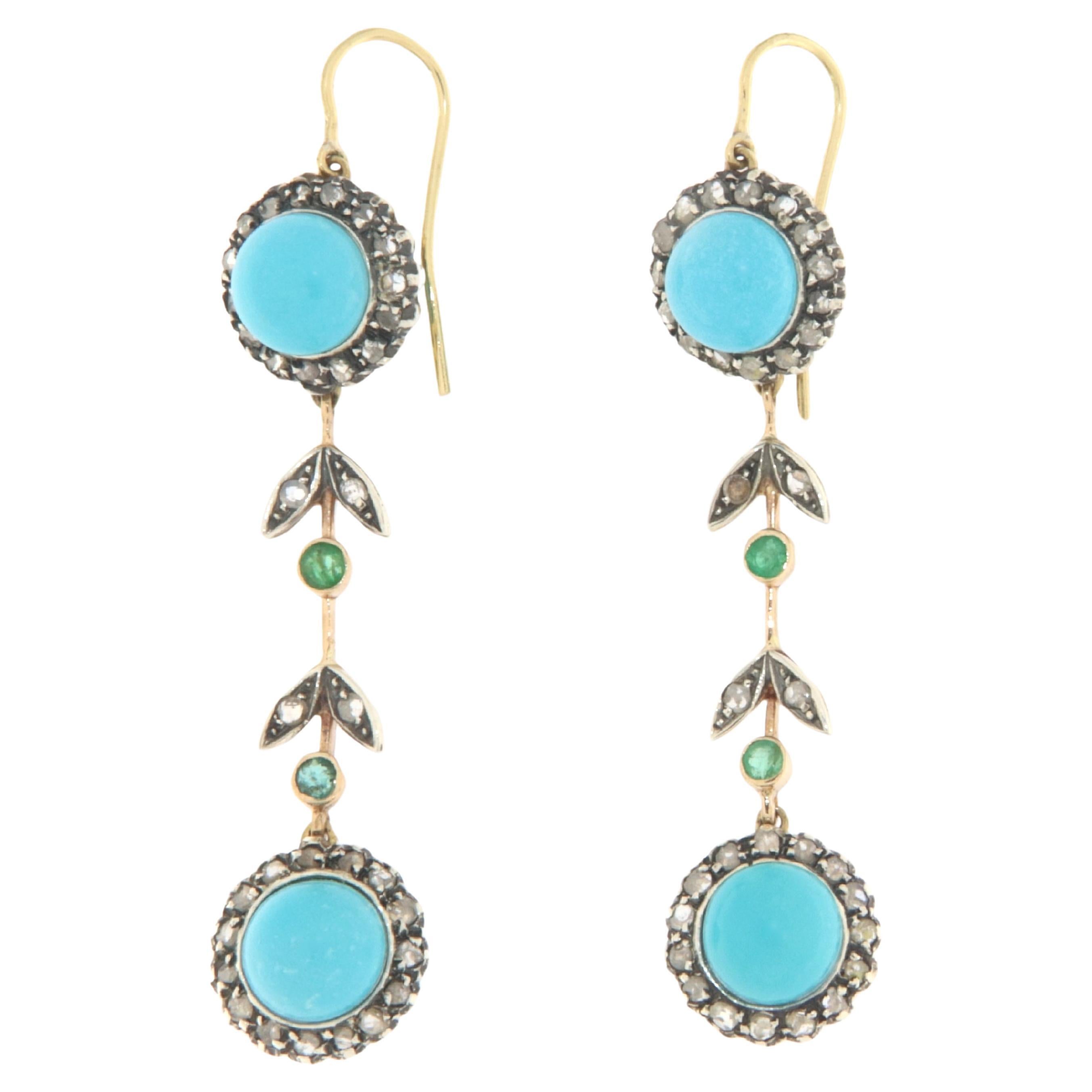 Diamonds Emeralds Turquoise 14 Karat Yellow Gold Drop Earrings For Sale