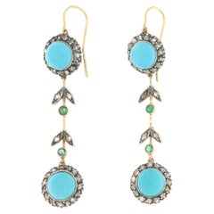 Vintage Diamonds Emeralds Turquoise 14 Karat Yellow Gold Drop Earrings