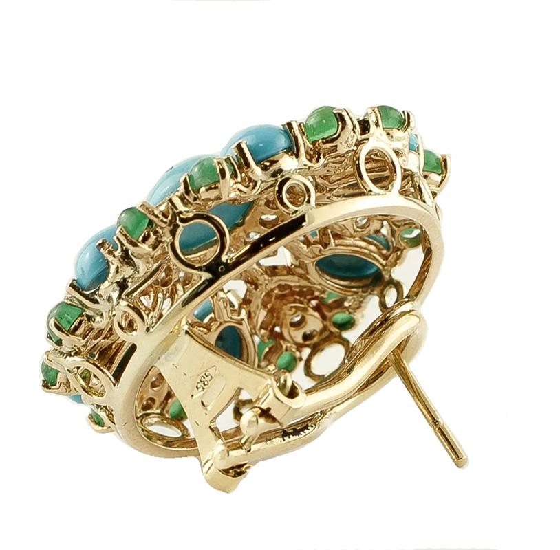 Round Cut Diamonds, Emeralds, Turquoise, 14 Karat Rose Gold Clip-On Vintage/Retrò Earrings