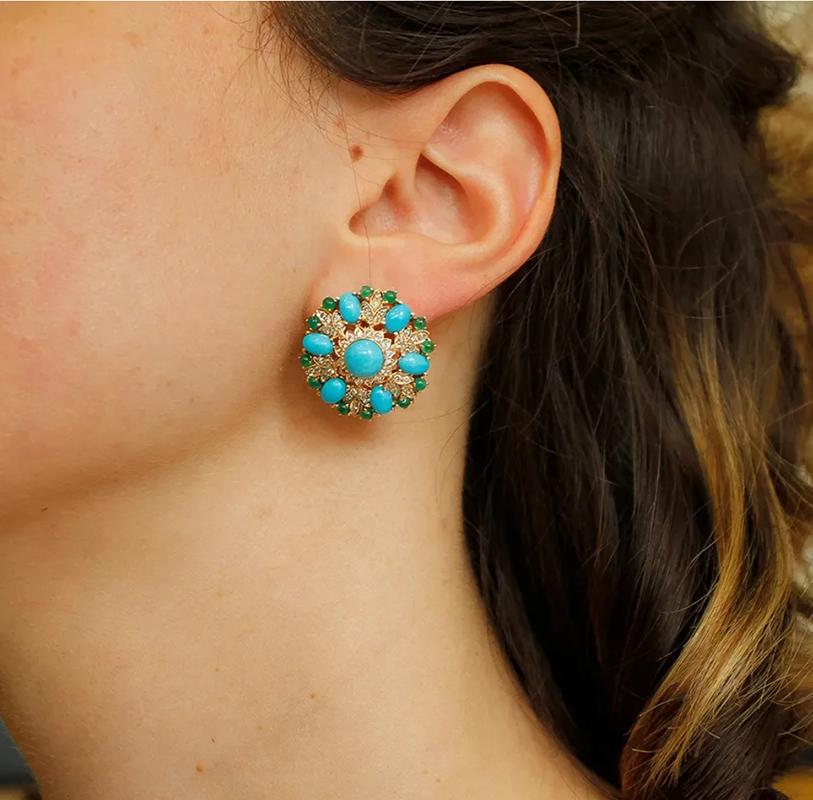 Women's Diamonds, Emeralds, Turquoise, 14 Karat Rose Gold Clip-On Vintage/Retrò Earrings