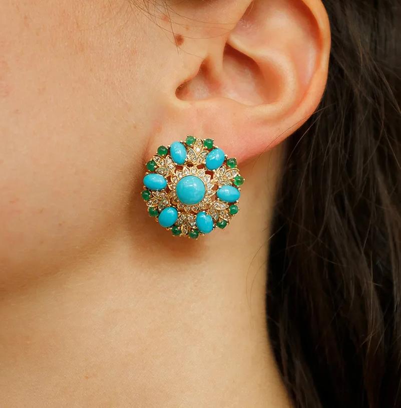 Diamonds, Emeralds, Turquoise, 14 Karat Rose Gold Clip-On Vintage/Retrò Earrings 1