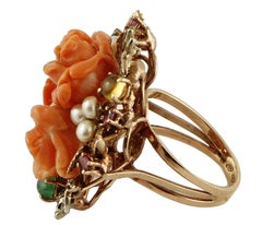 Diamonds, Emeralds, Rubies, Sapphires, Coral, 9 Karat Gold and Silver Retro Ring