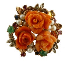 Diamonds, Emeralds, Rubies, Sapphires, Coral, 9 Karat Gold and Silver Retro Ring