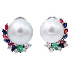 Diamonds, Emeralds, Rubies, Sapphires, South-Sea Pearls, 14 White Gold Stud Earrings