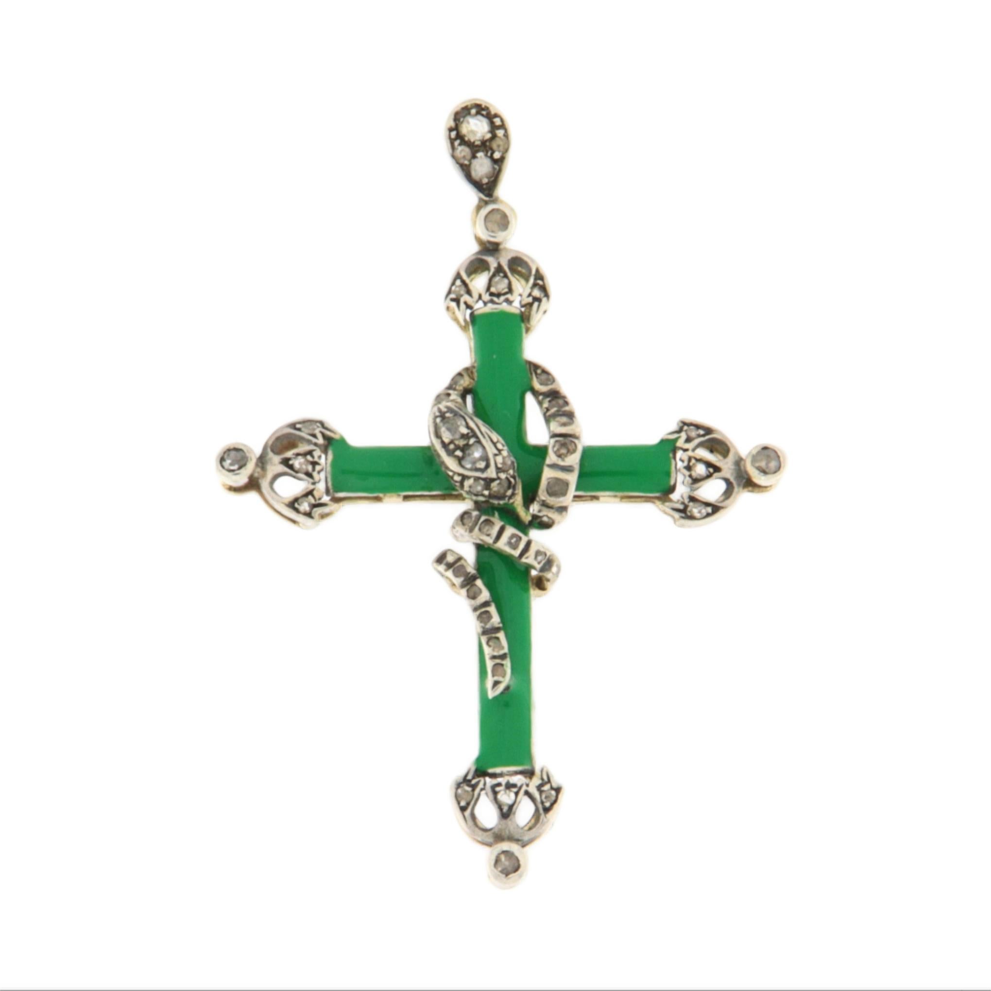 Collier croix en or jaune 14 carats avec diamants et émail Pour femmes en vente