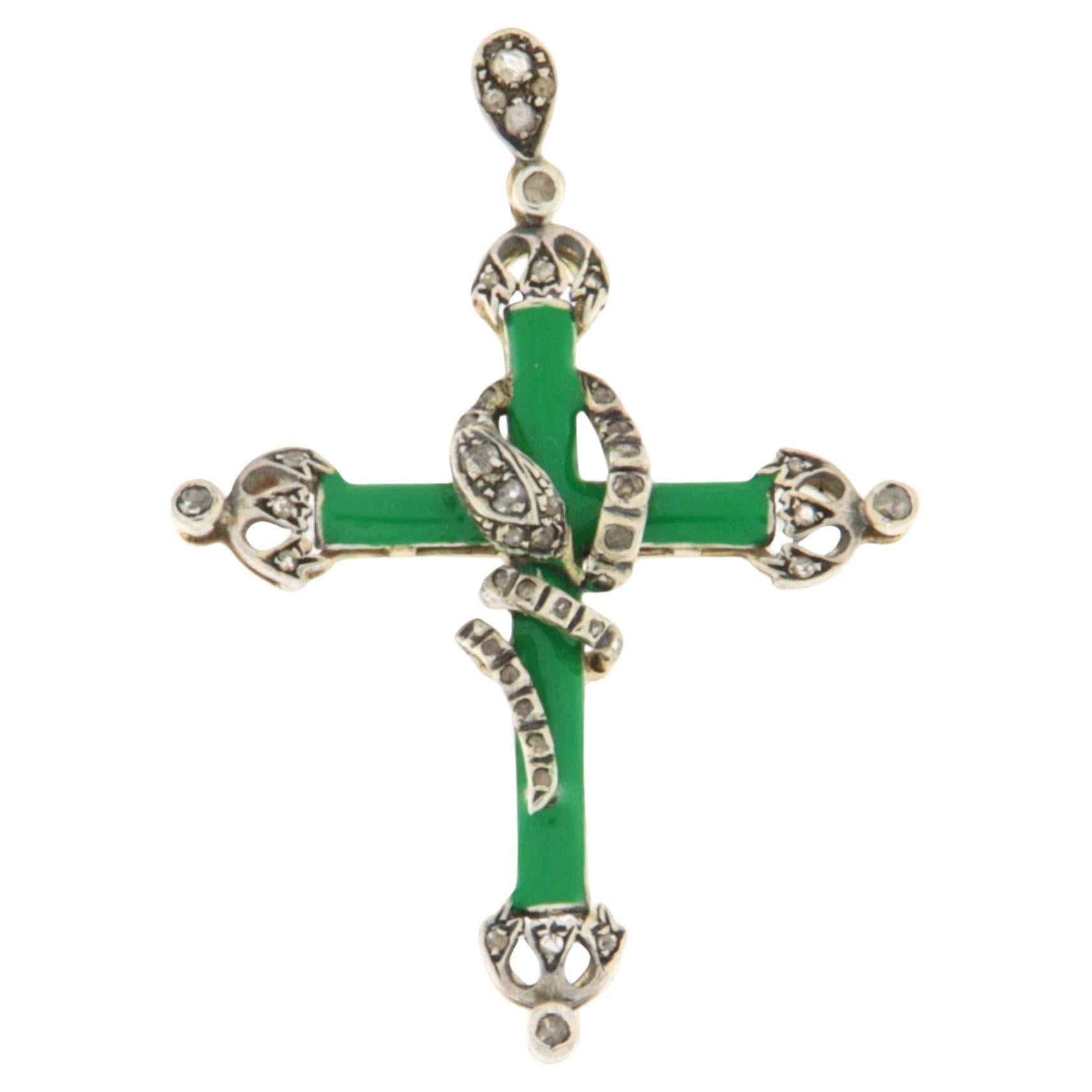 Diamonds Enamel 14 Karat Yellow Gold Cross Pendant Necklace