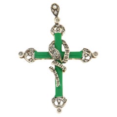 Collana con ciondolo a croce in oro giallo 14 carati e smalto con diamanti