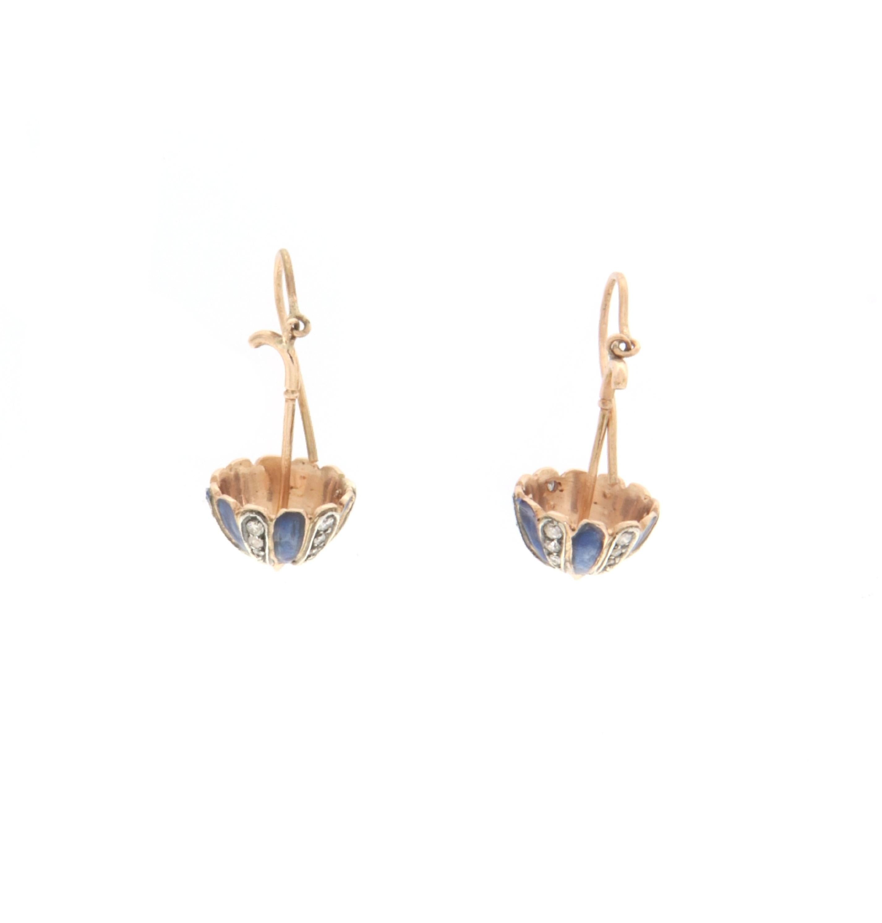 Artisan Diamonds Enamel 14 Karat Yellow Gold Drop Earrings For Sale
