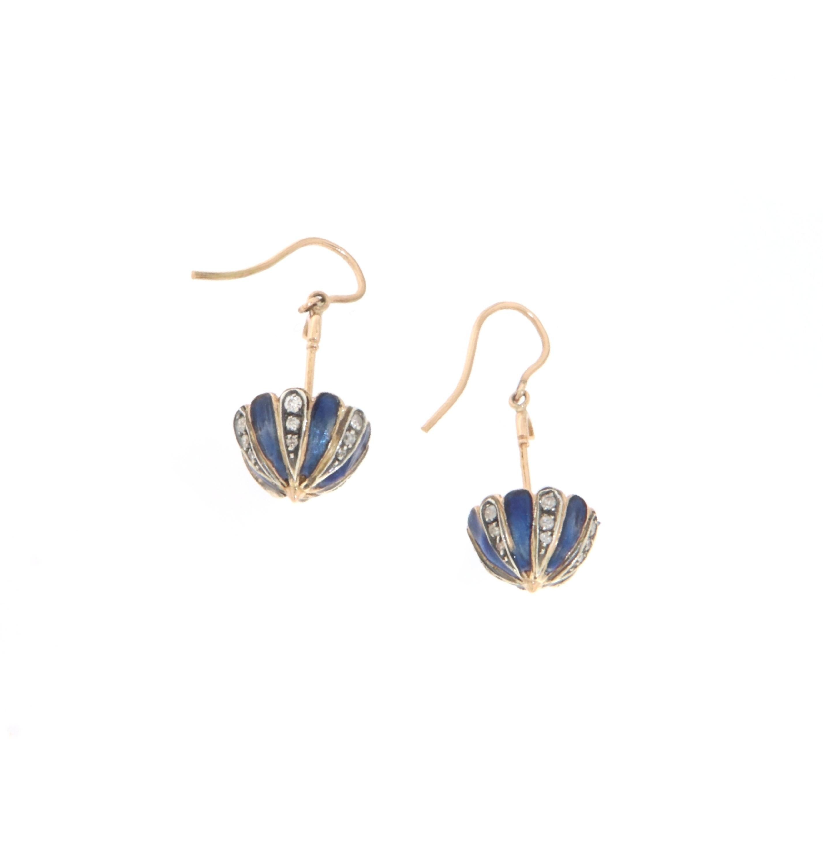 Brilliant Cut Diamonds Enamel 14 Karat Yellow Gold Drop Earrings For Sale