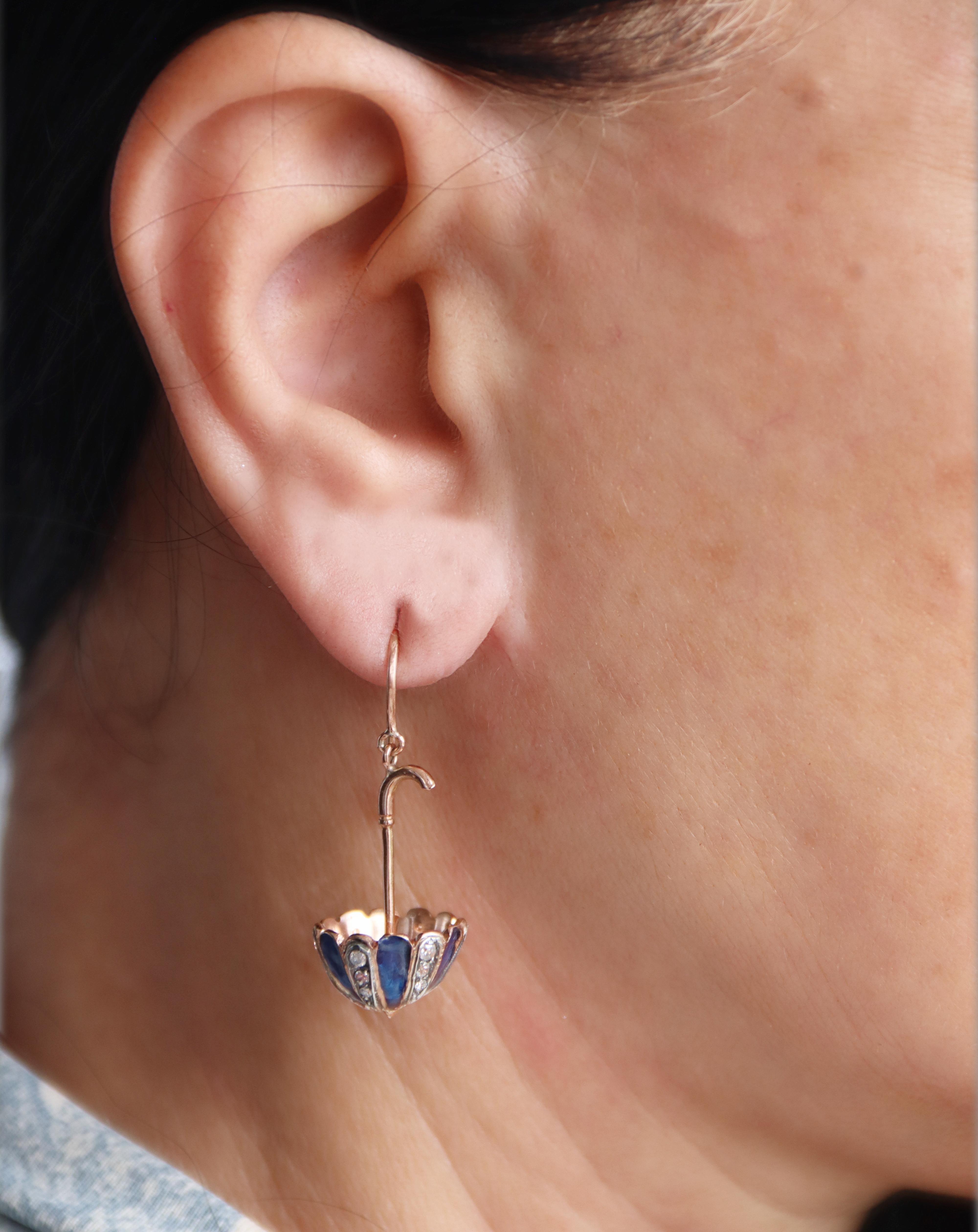 Women's Diamonds Enamel 14 Karat Yellow Gold Drop Earrings For Sale