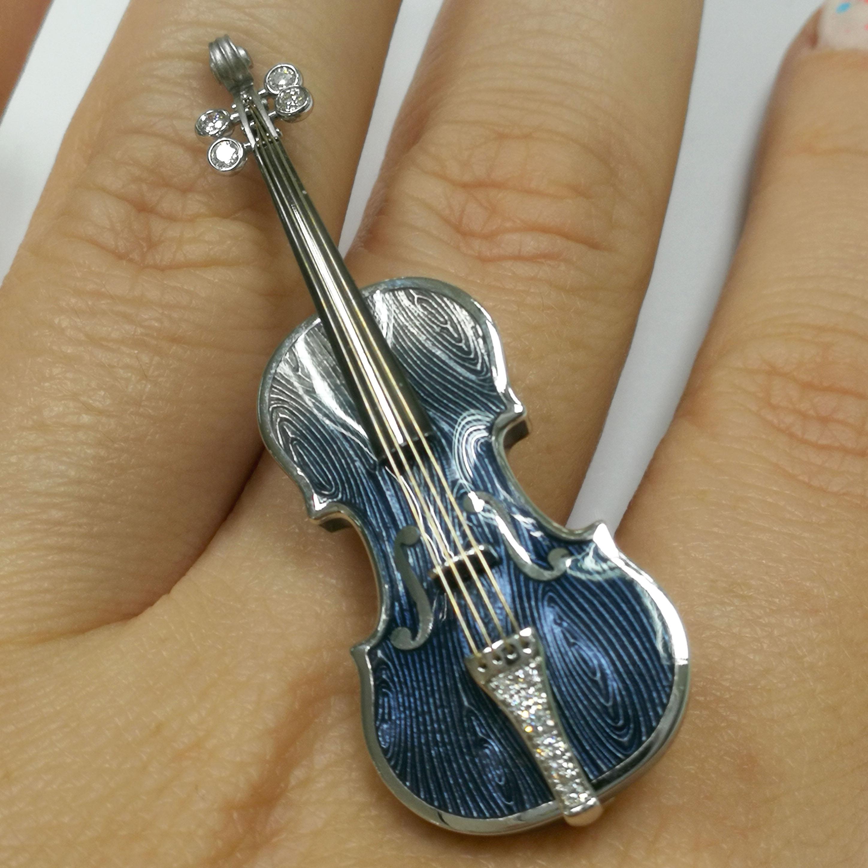 Diamonds Enamel 18 Karat White Gold Blue Violin Brooch 5