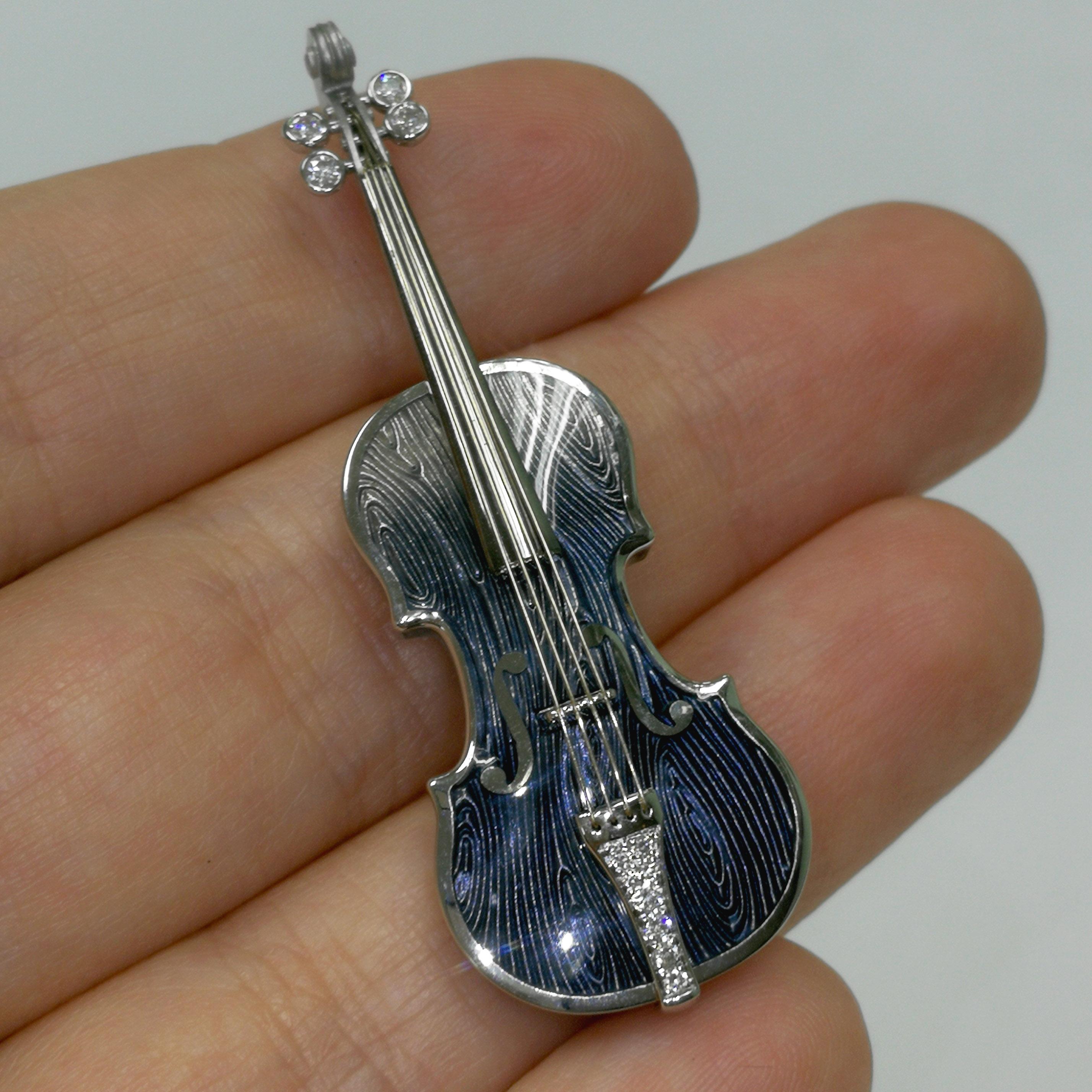 Diamonds Enamel 18 Karat White Gold Blue Violin Brooch In New Condition In Bangkok, TH