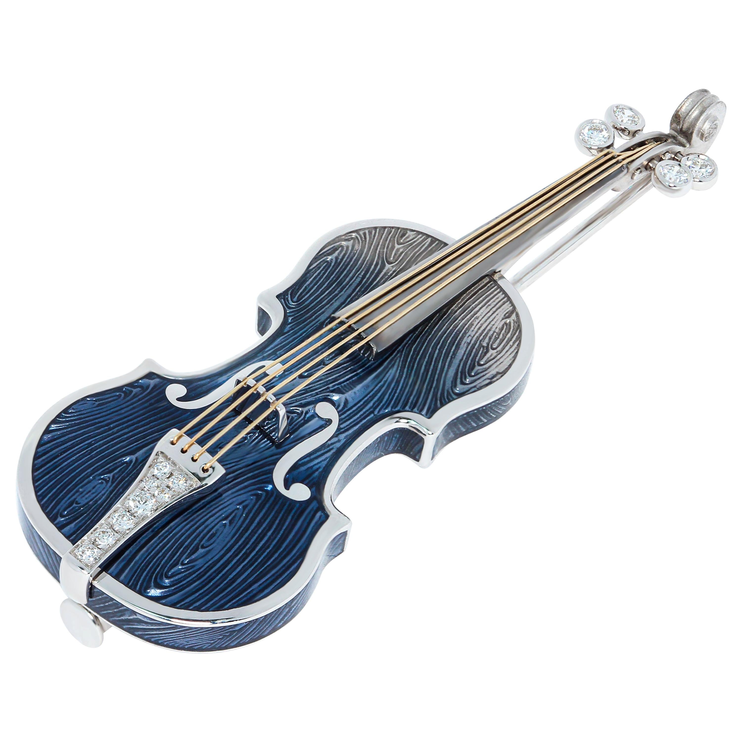 Diamonds Enamel 18 Karat White Gold Blue Violin Brooch