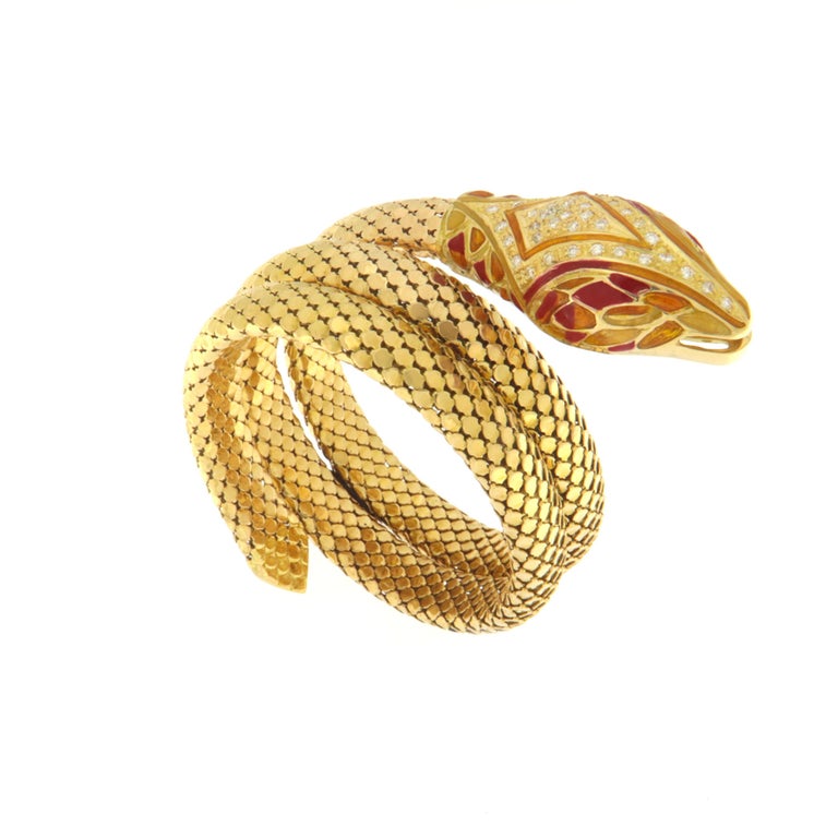 Diamonds Enamel 18 Karat Yellow Gold Snake Bangle Bracelet In New Condition For Sale In Marcianise, IT