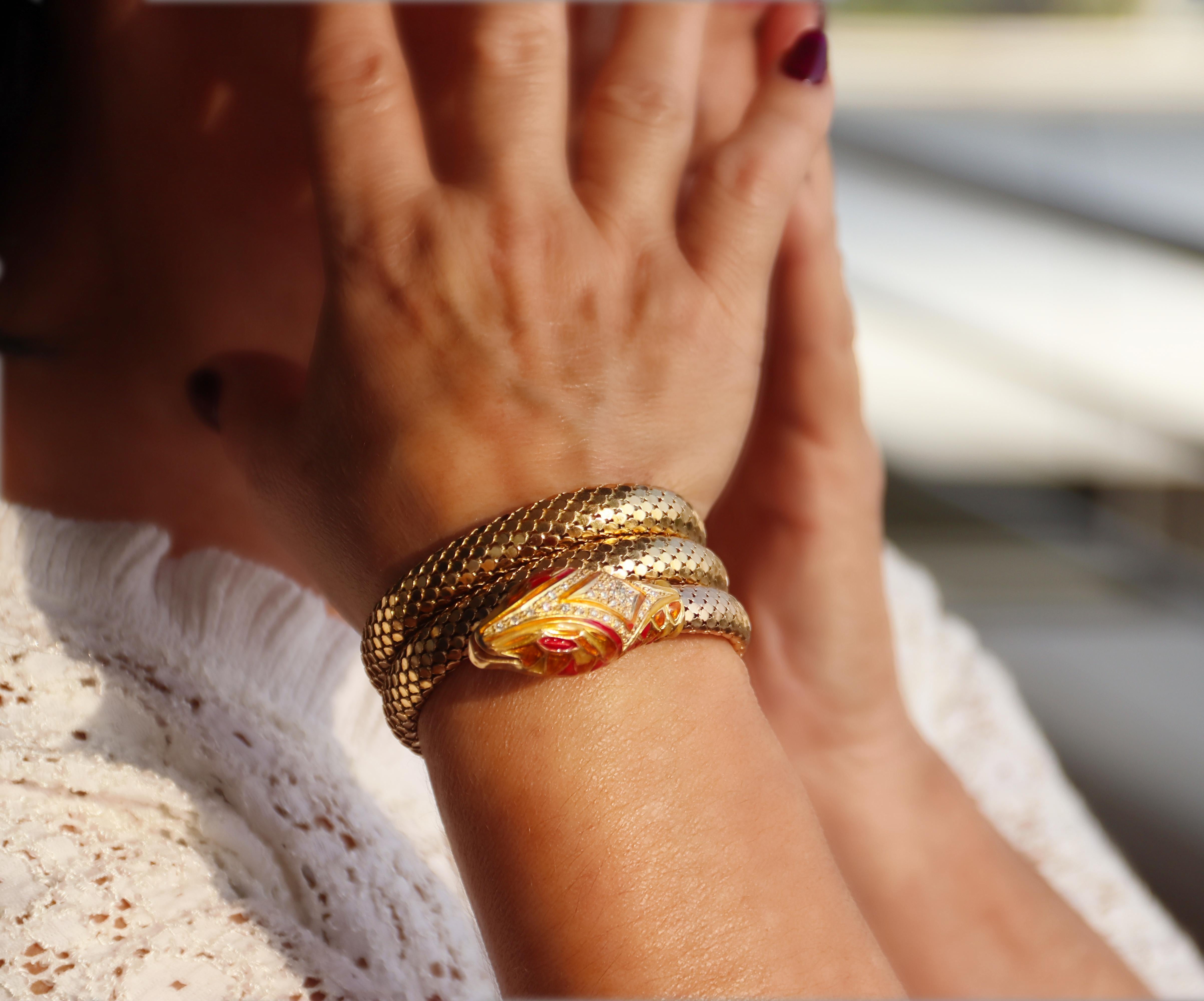Women's Diamonds Enamel 18 Karat Yellow Gold Snake Bangle Bracelet