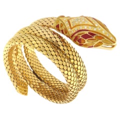 Diamonds Enamel 18 Karat Yellow Gold Snake Bangle Bracelet
