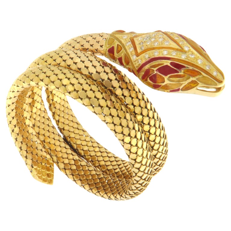 Diamonds Enamel 18 Karat Yellow Gold Snake Bangle Bracelet For Sale