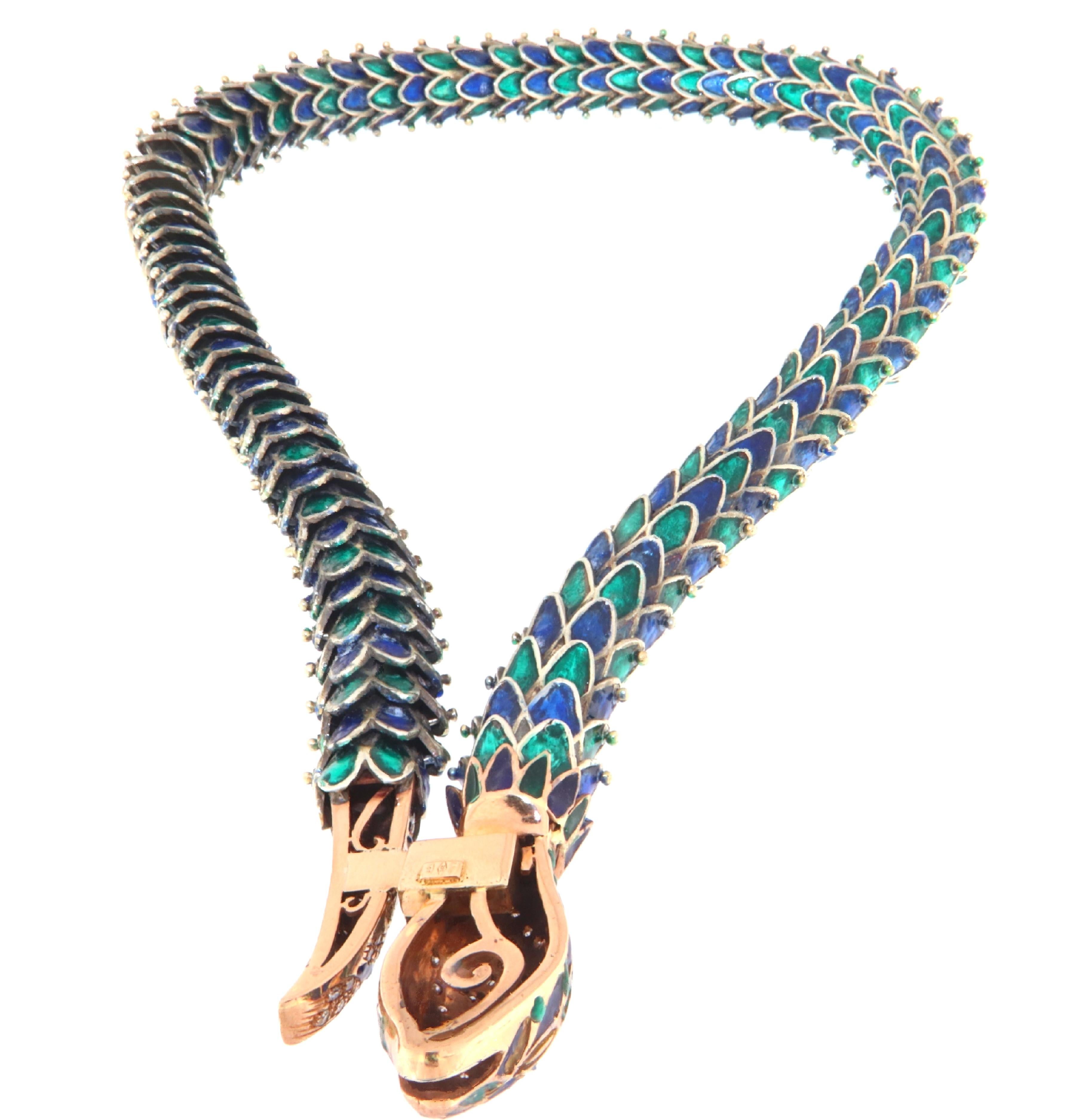 Diamanten und Emaille 9 Karat Gelbgold Silber Tropfen-Halskette im Zustand „Neu“ im Angebot in Marcianise, IT