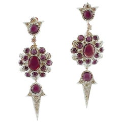 Vintage Diamonds, Garnets, 14 Karat Rose Gold and Silver, Dangle Earrings