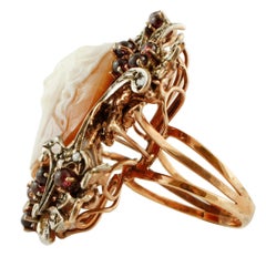 Diamonds, Garnets, Cameo, 9 Karat Rose Gold and Silver Retrò Cocktail Ring