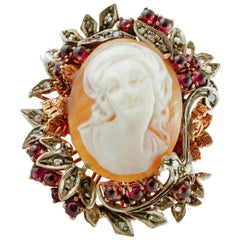 Vintage Diamonds, Garnets, Cameo, 9 Karat Rose Gold and Silver Retrò Cocktail Ring