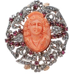 Vintage Diamonds, Garnets, Carved Coral, 9Kt Rose Gold and Silver Retrò Ring