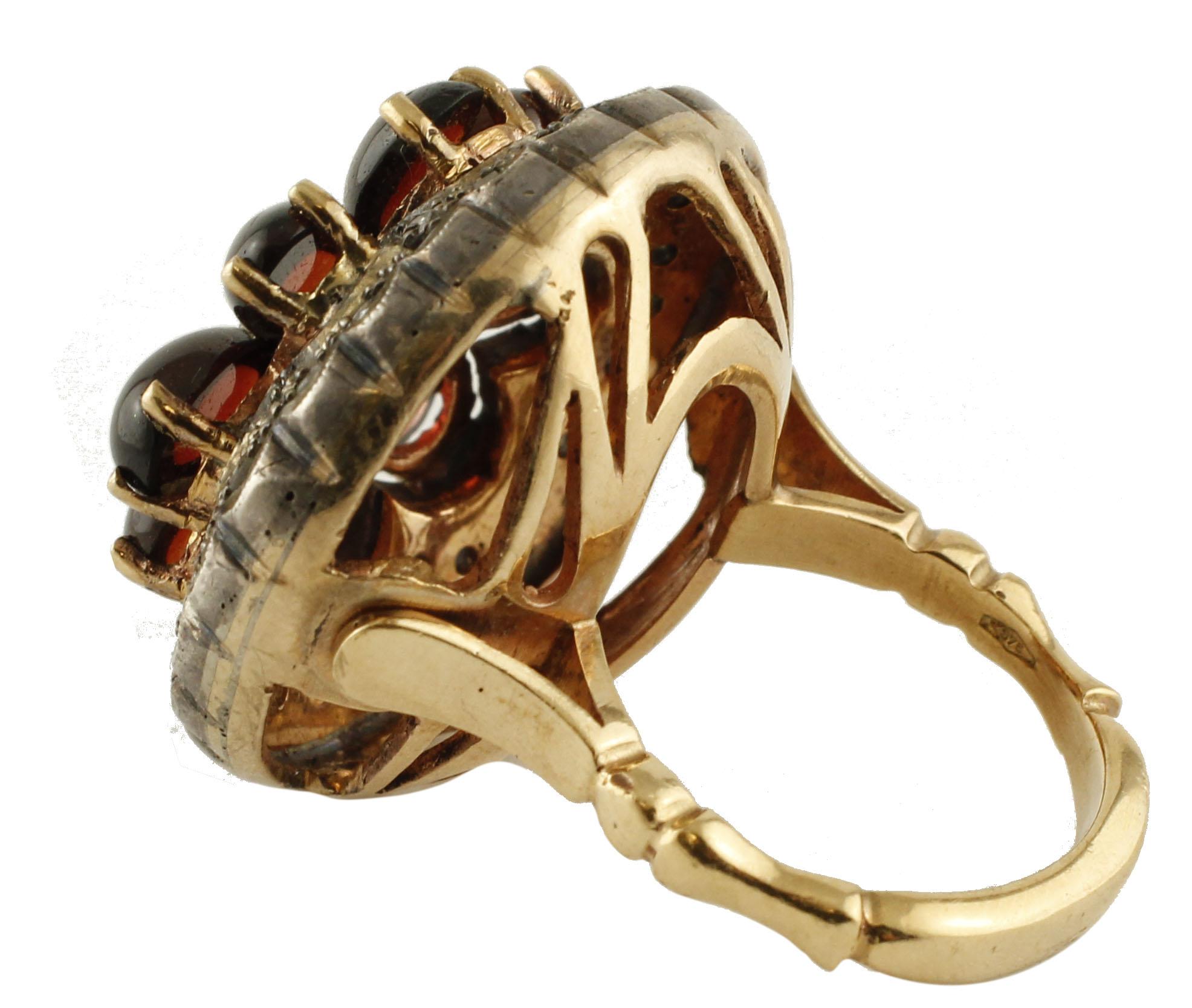 Retro Diamonds, Garnets, Little Pearl Rose Gold and Silver Cocktail Ring