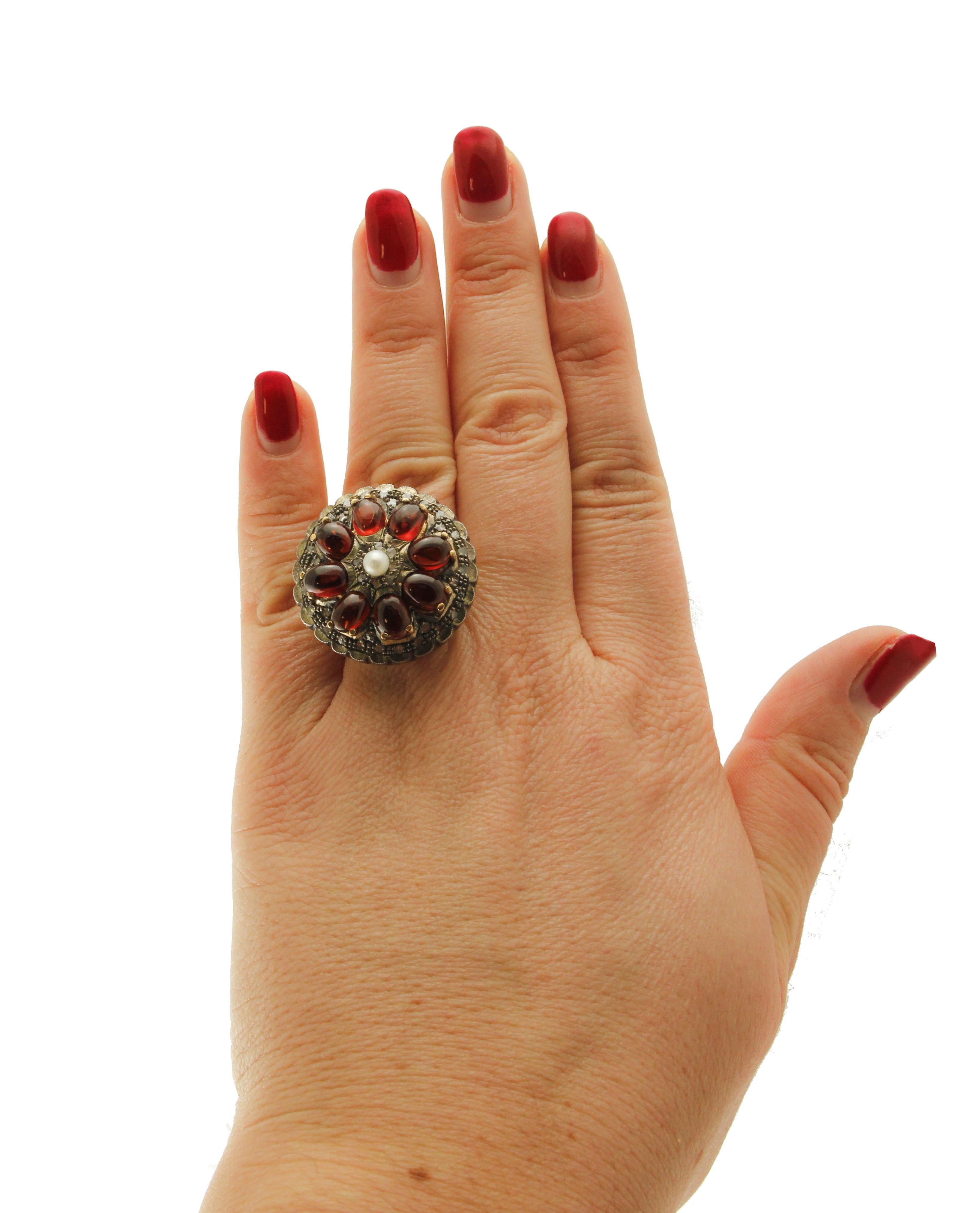 Women's Diamonds, Garnets, Little Pearl Rose Gold and Silver Cocktail Ring For Sale