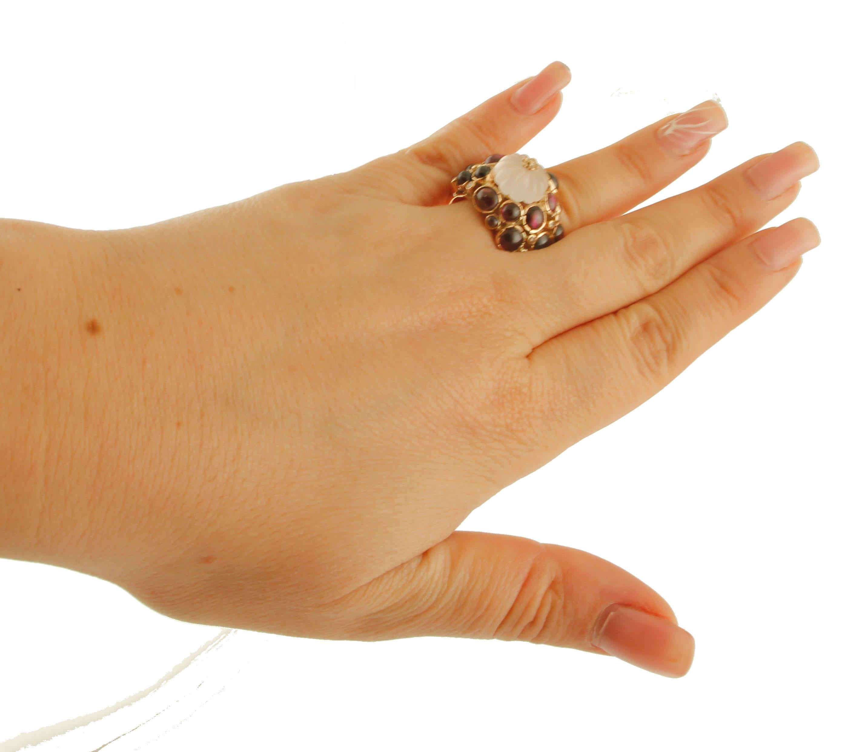 Women's Diamonds, Garnets, Rock Crystal 14 Karat Yellow Gold Ring For Sale