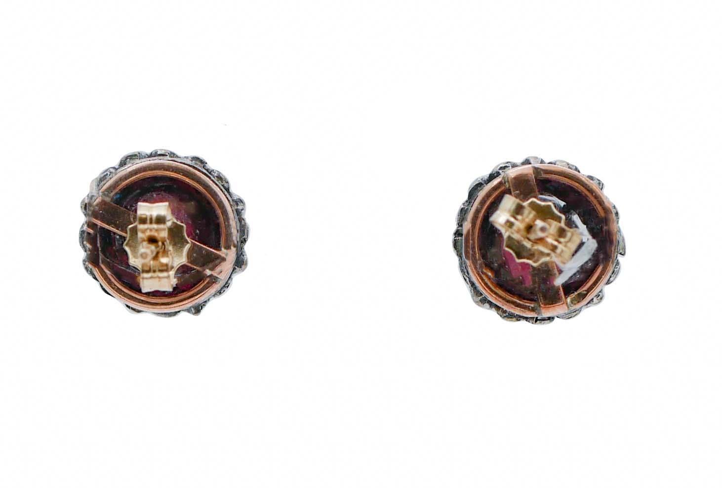 Mixed Cut Diamonds, Garnets, Rose Gold and Silver Stud Earrings