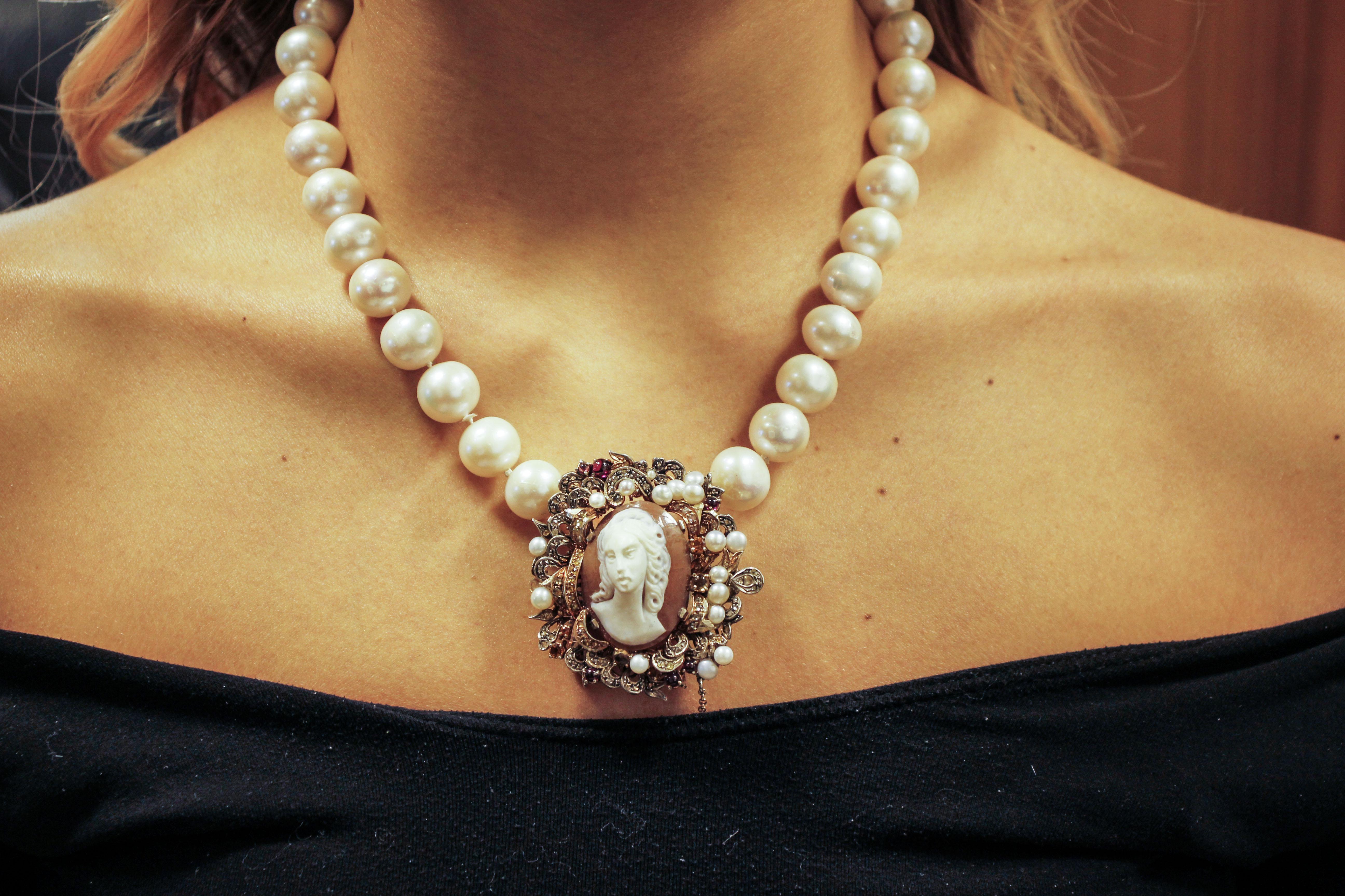 Diamonds, Garnets, Topazes, Cameo, Australian Pearls Beaded Retro Necklace For Sale 1