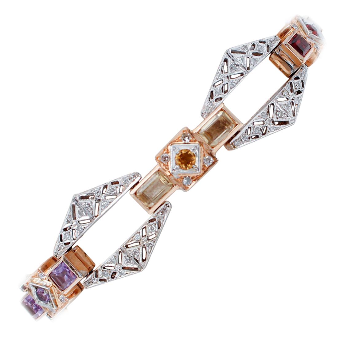 Bracelet en or 14 carats avec diamants, grenats, topaze, péridots, améthystes, diamants