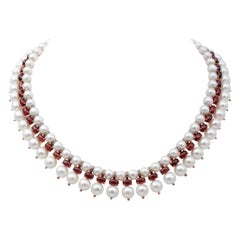 Diamonds, Garnets, White Pearls, 9 Karat Rose Gold and Silver Retrò Necklace Diamonds, Garnets, White Pearls, 9 Karat Rose Gold and Silver Retrò Necklace