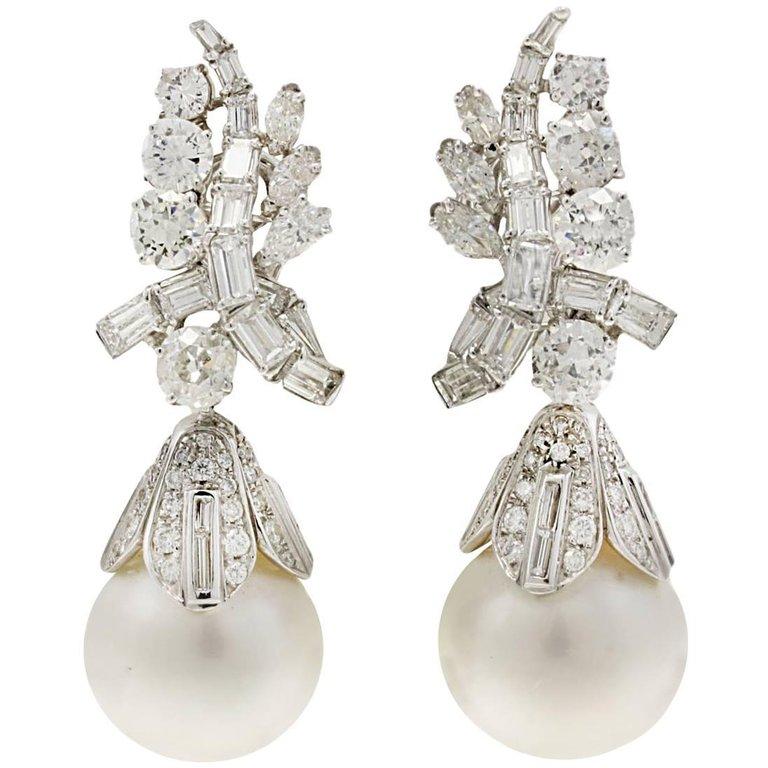 Diamonds Gold Australian Pearl Diamonds Dangle Earrings For Sale