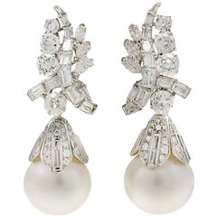 Vintage Diamonds Gold Australian Pearl Diamonds Dangle Earrings