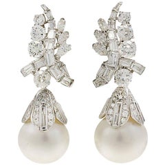 Diamonds Gold Australian Pearl Diamonds Dangle Earrings