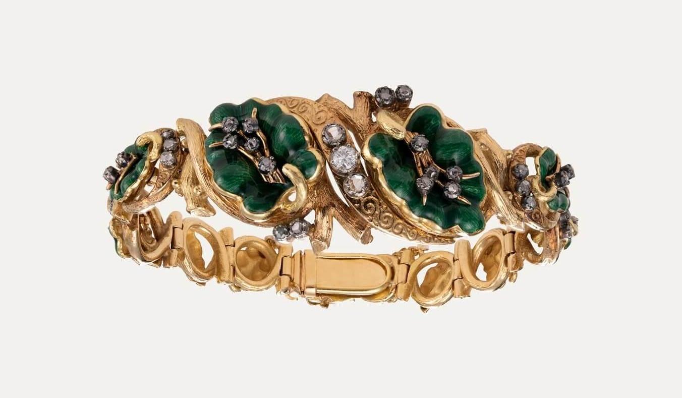 Taglio a rosa Bracciale in oro Art Nouveau con diamanti e smalto verde in vendita