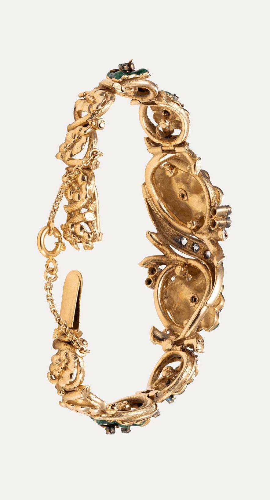 Bracciale in oro Art Nouveau con diamanti e smalto verde in vendita 1