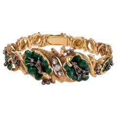 Art Nouveau Gold Bracelet with Diamonds and Green Enamel