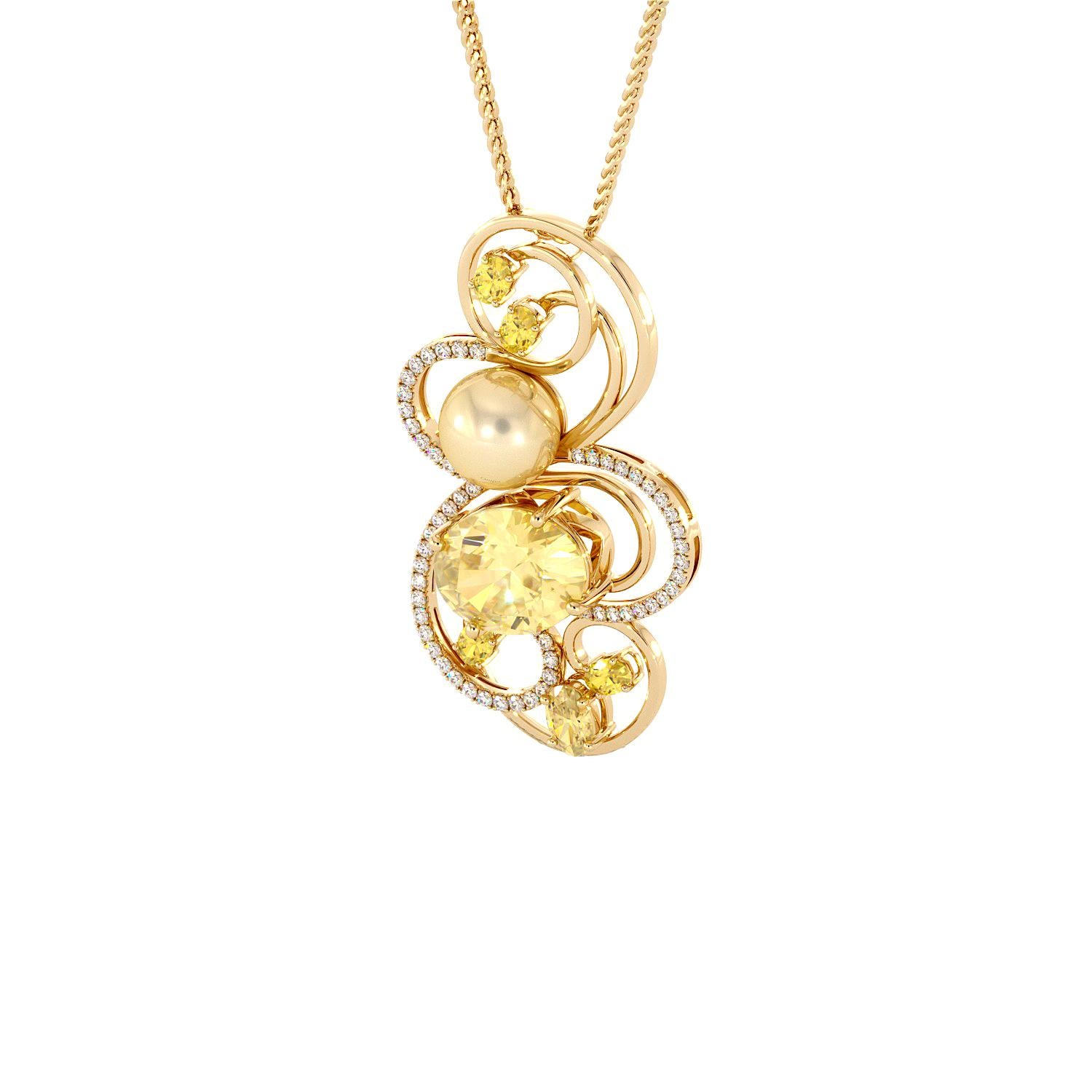 This sophisticated pendant is part of Sunrise Collection. Designed by Emilia Lekarrier, Handcrafted and made in Canada, using high quality diamonds and gemstones. Certified by CGA & GIA Appraiser.

Metal: 14kt Yellow Gold
Diamond Clarity: