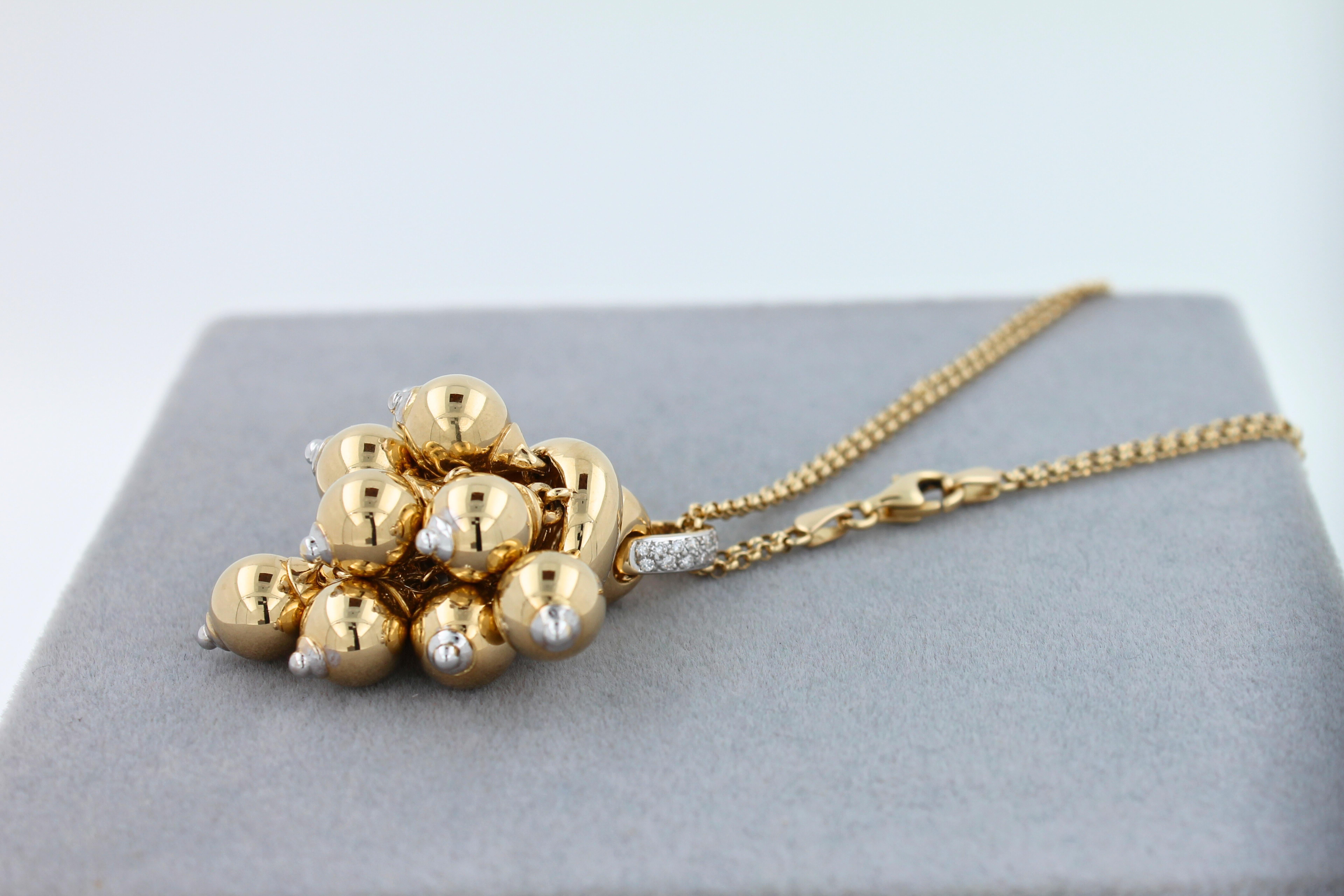 Diamonds Golden Spheres Gold Balls Geometric Bells Motif 18K Gold Necklace For Sale 9
